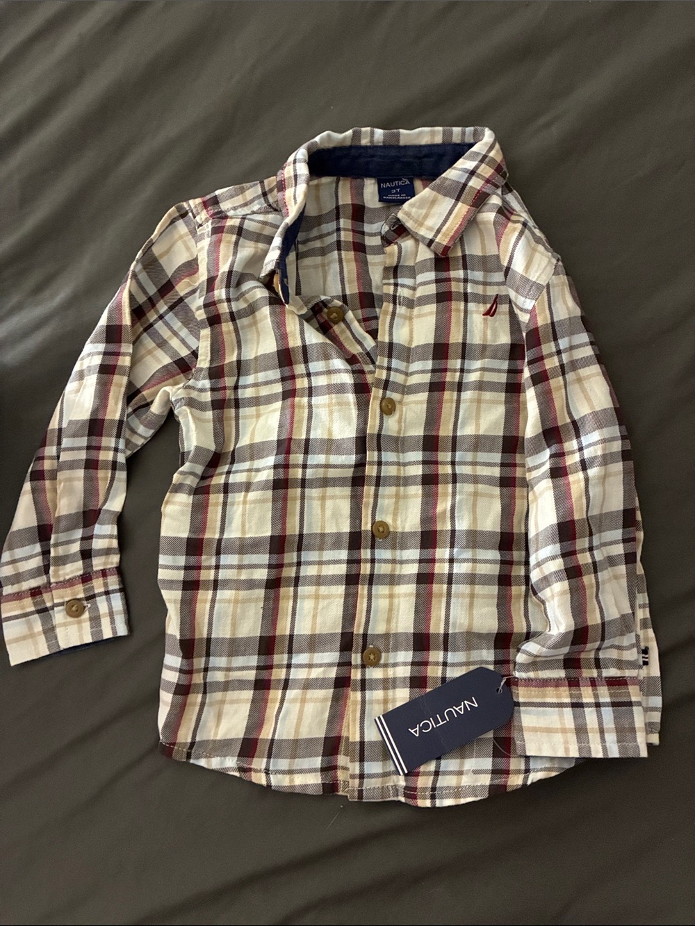 Nautica Kids Cream, Burgundy & Gray Plaid Button-Down Shirt